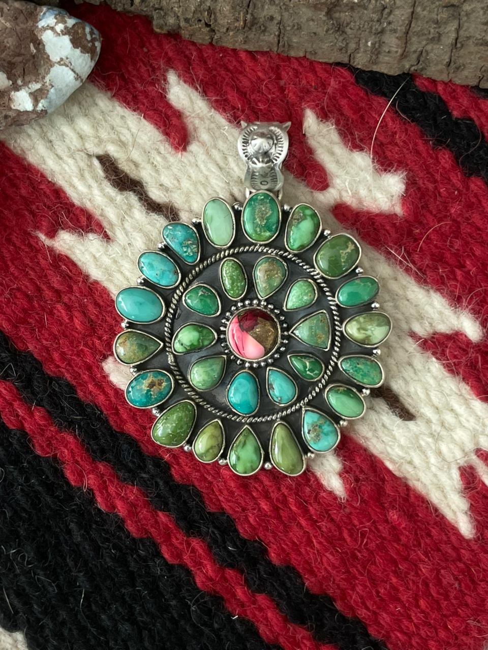 Handmade Sterling Silver Dahlia Rose with Emerald Valley Turquoise Pendant "Signed Nizhoni" Nizhoni Traders LLC