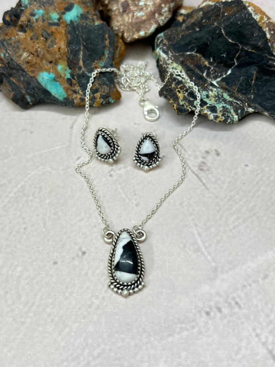 Handmade Sterling Silver White Buffalo Necklace Earrings Set "Signed Nizhoni" Nizhoni Traders LLC