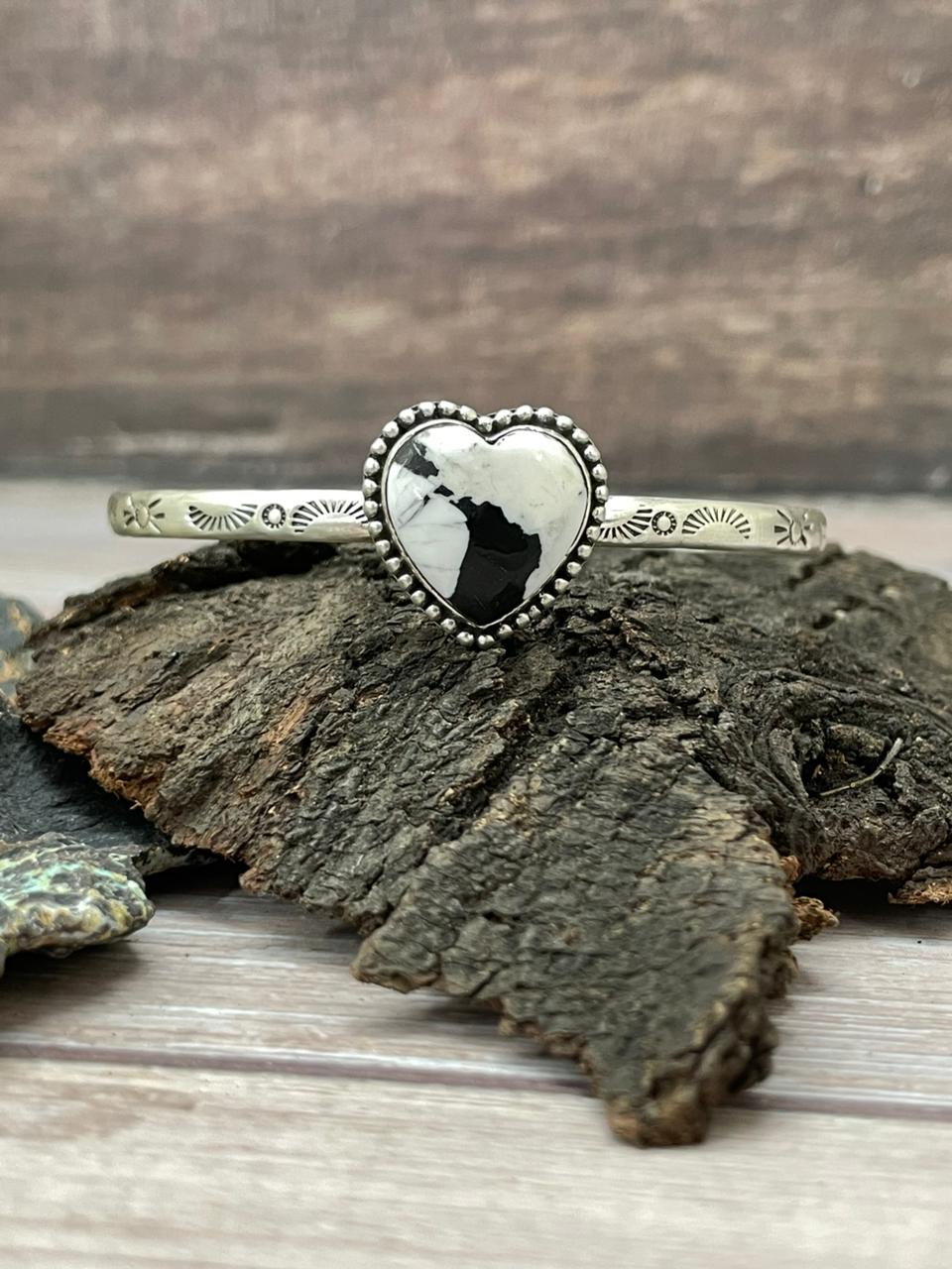 Handmade Sterling Silver White Buffalo Heart Cuff Bracelet "Signed Nizhoni" Nizhoni Traders LLC