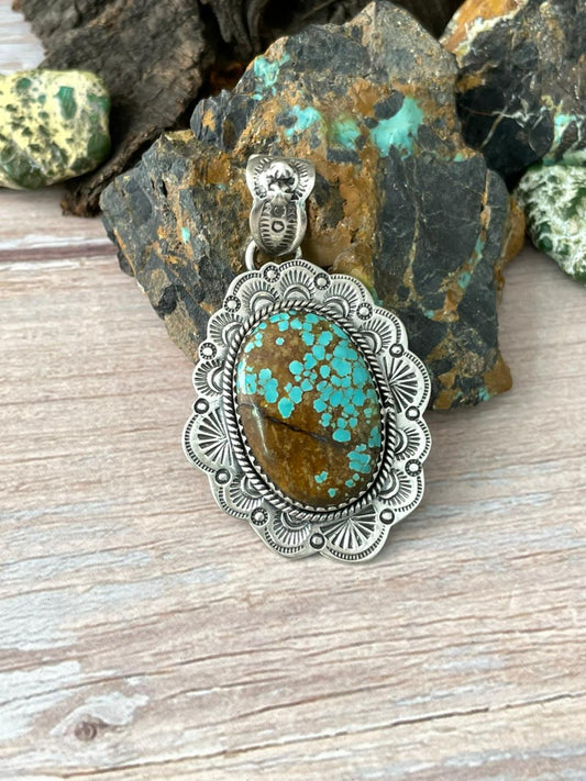 Handmade Sterling Silver Number 8 Turquoise Pendant "Signed Nizhoni" Nizhoni Traders LLC