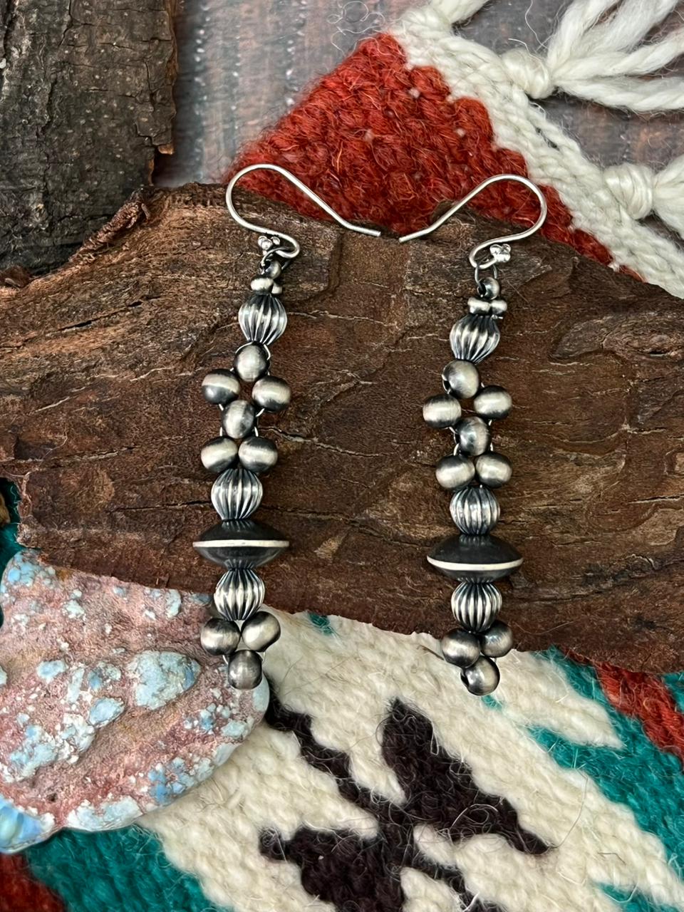 Handmade Sterling Silver Beaded Dangle Hook Earrings (9) Nizhoni Traders LLC