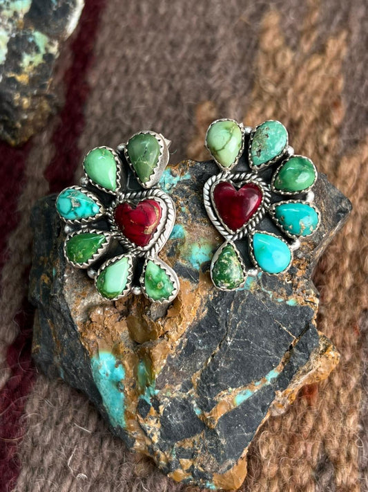Handmade Sterling Silver Dahlia Rose with Emerald Valley Turquoise Post Earrings "Signed Nizhoni" Nizhoni Traders LLC