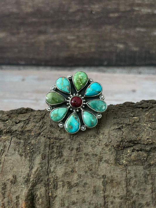 Handmade Sterling Silver Dahlia Rose With Emerald Valley Turquoise Ring "Signed Nizhoni" Nizhoni Traders LLC