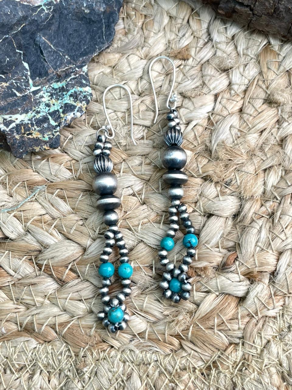 Handmade Sterling Silver Beaded Kingman Turquoise Hook Dangle Earrings Nizhoni Traders LLC
