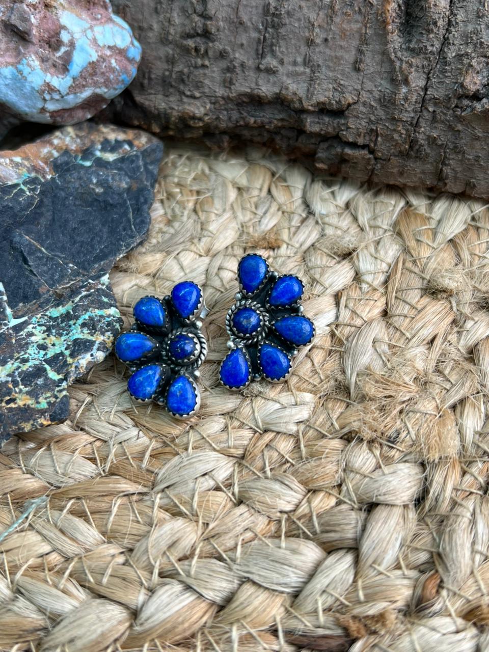 Handmade Sterling Silver Lapis Post Studs Earrings "Signed Nizhoni" Nizhoni Traders LLC