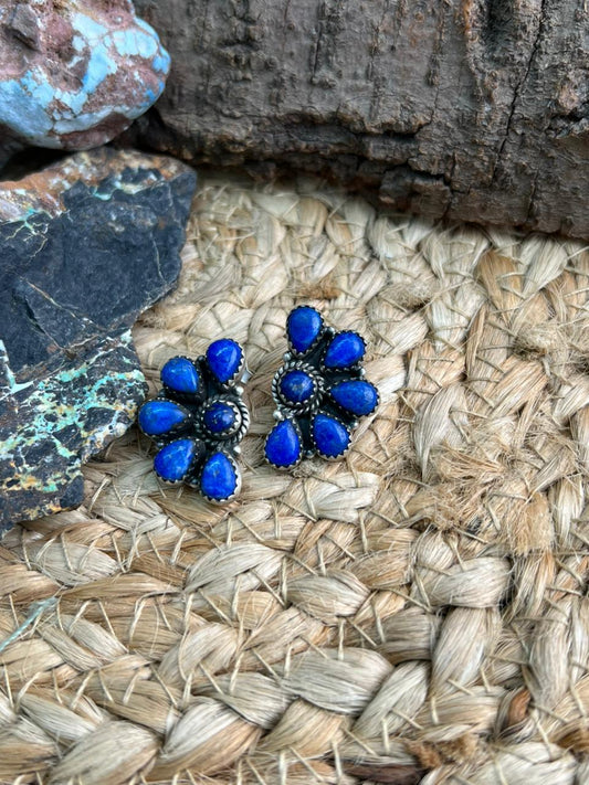 Handmade Sterling Silver Lapis Post Studs Earrings "Signed Nizhoni" Nizhoni Traders LLC