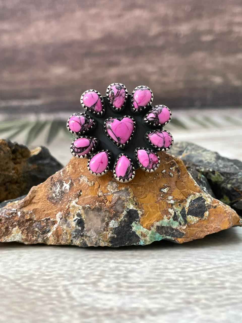Handmade Sterling Silver Cherry Blossom Adjustable Ring "Signed Nizhoni" Nizhoni Traders LLC
