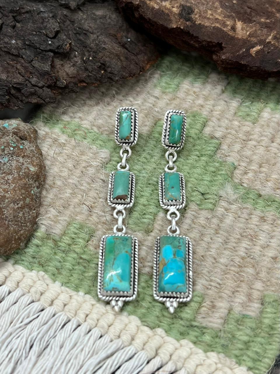 Handmade Sterling Silver Kingman Turquoise Post Earrings "Signed Nizhoni" Nizhoni Traders LLC
