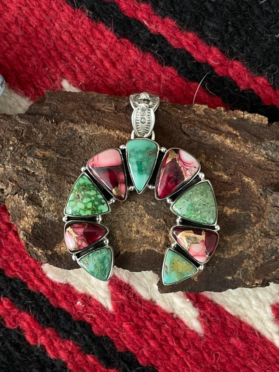 Handmade Sterling Silver Dahlia Rose with Emerald Valley Turquoise Pendant "Signed Nizhoni" Nizhoni Traders LLC