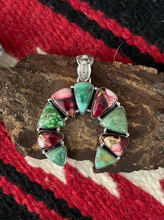 Handmade Sterling Silver Dahlia Rose with Emerald Valley Turquoise Pendant "Signed Nizhoni" Nizhoni Traders LLC