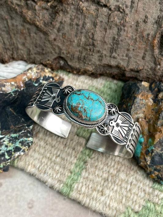 Handmade Sterling Silver Kingman Turquoise Thunderbird Cuff Bracelet "Signed Nizhoni" Nizhoni Traders LLC