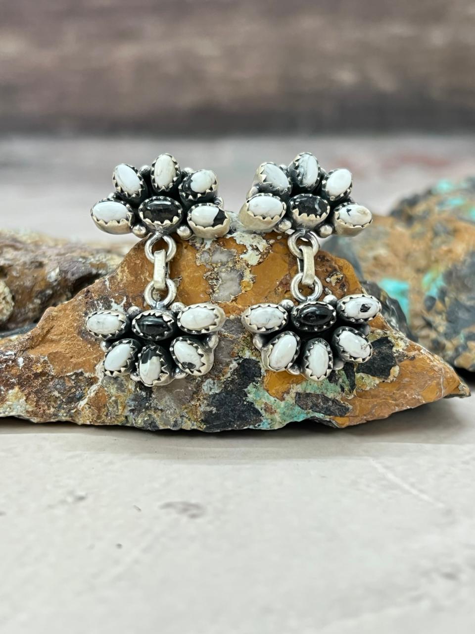 Handmade Sterling Silver White Buffalo Post Earrings "Signed Nizhoni" Nizhoni Traders LLC