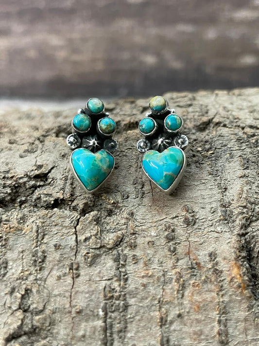 "Heart Collection" Handmade Sterling Silver Kingman Turquoise Post Studs Earrings "Signed Nizhoni" Nizhoni Traders LLC