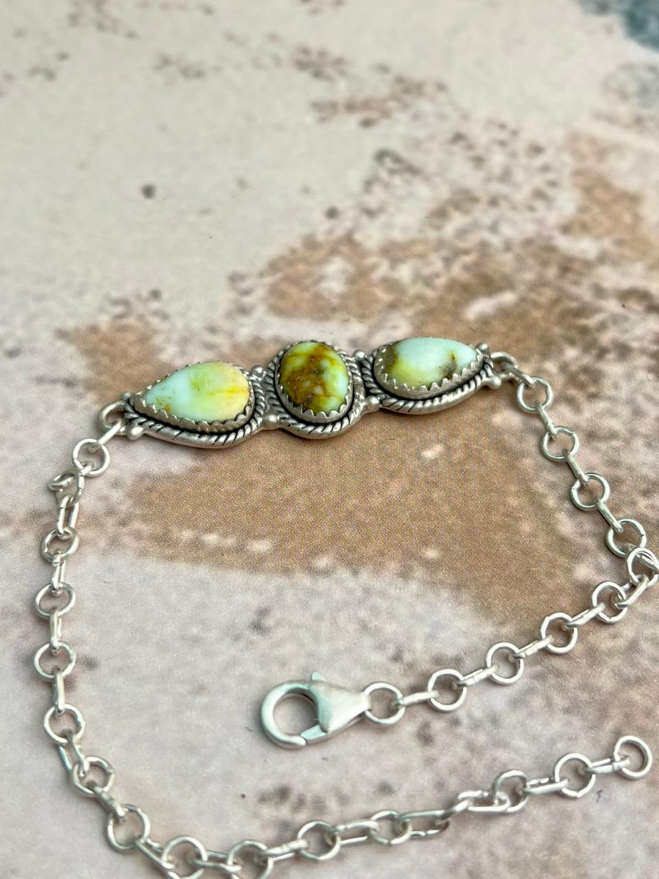Handmade Sterling Silver Palomino Turquoise Chain Bracelet "Signed Nizhoni" Nizhoni Traders LLC