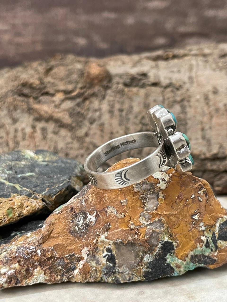 "Heart Collection" Handmade Sterling Silver Kingman Turquoise Adjustable Ring "Signed Nizhoni" Nizhoni Traders LLC