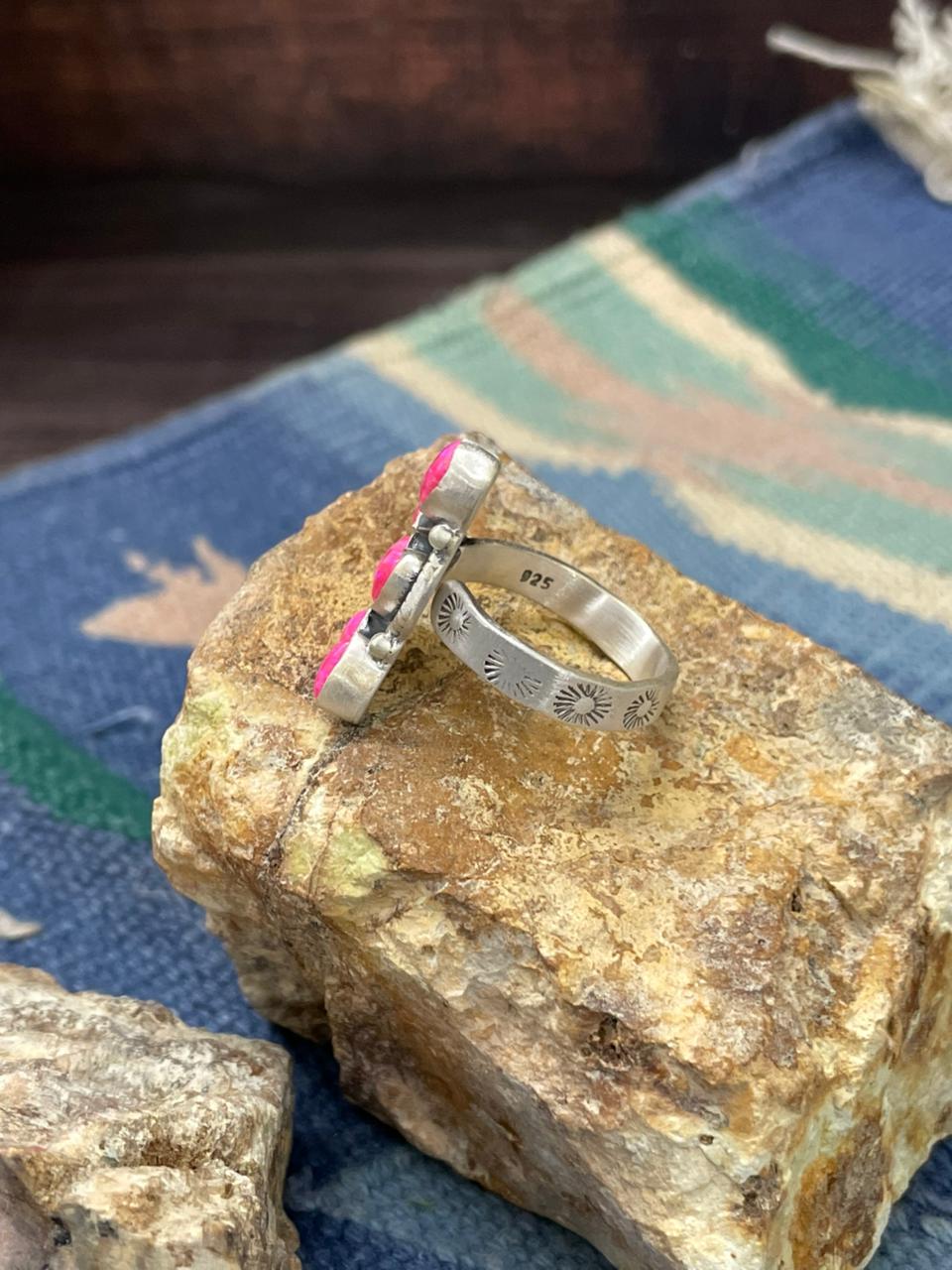 Handmade Sterling Silver Hot Pink Adjustable Ring " Signed Nizhoni" Nizhoni Traders LLC