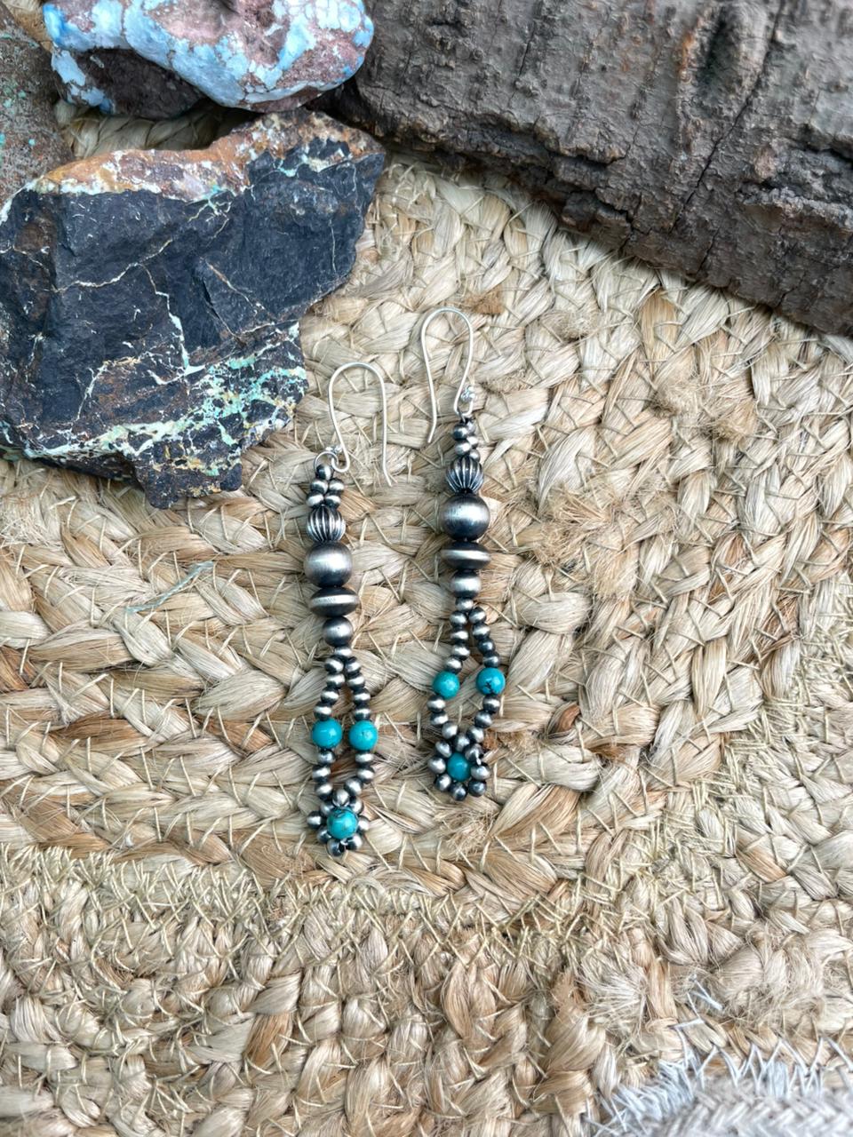Handmade Sterling Silver Beaded Kingman Turquoise Hook Dangle Earrings Nizhoni Traders LLC