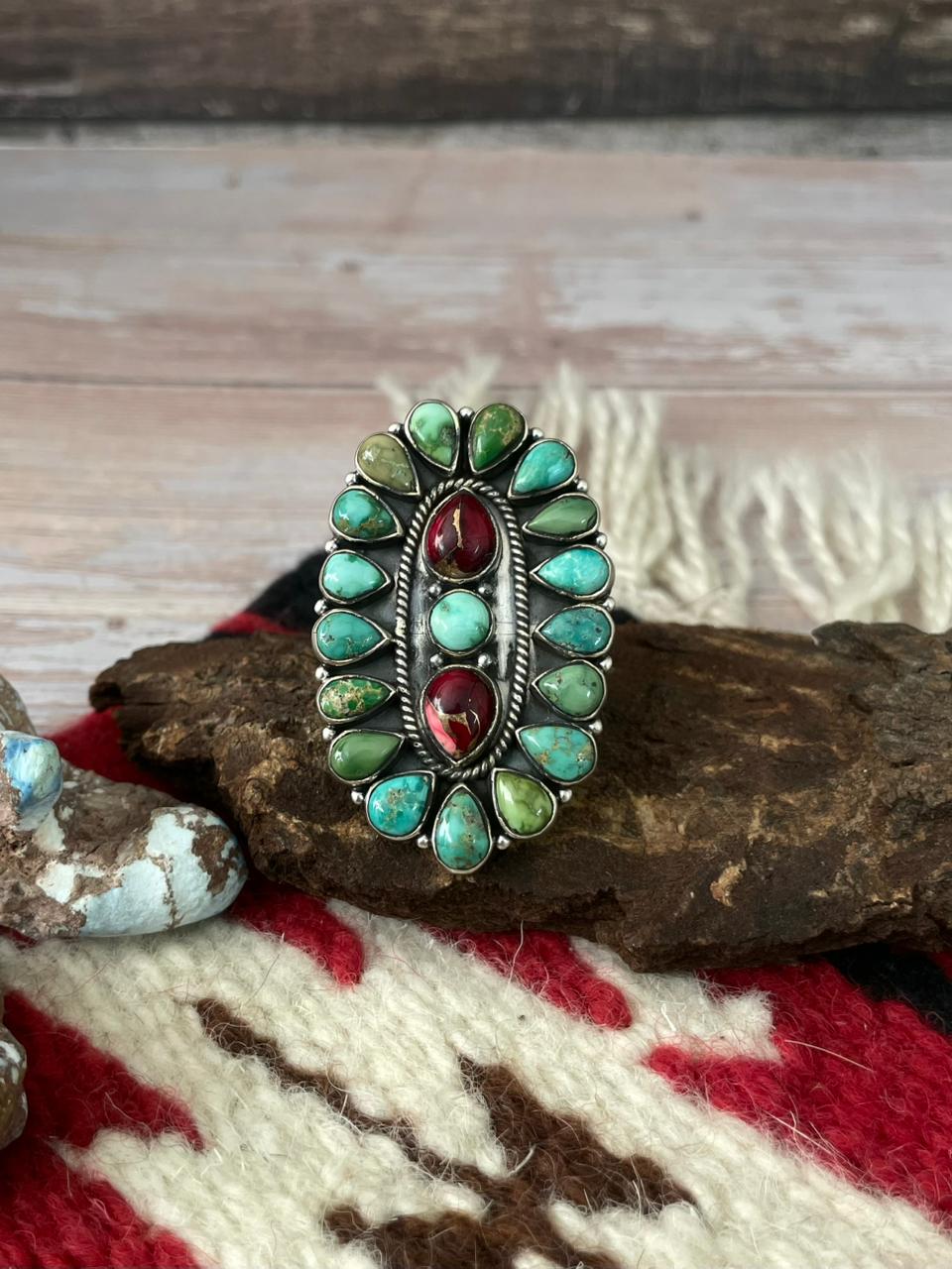 Handmade Sterling Silver Dahlia Rose With Emerald Valley Turquoise Ring "Signed Nizhoni" Nizhoni Traders LLC