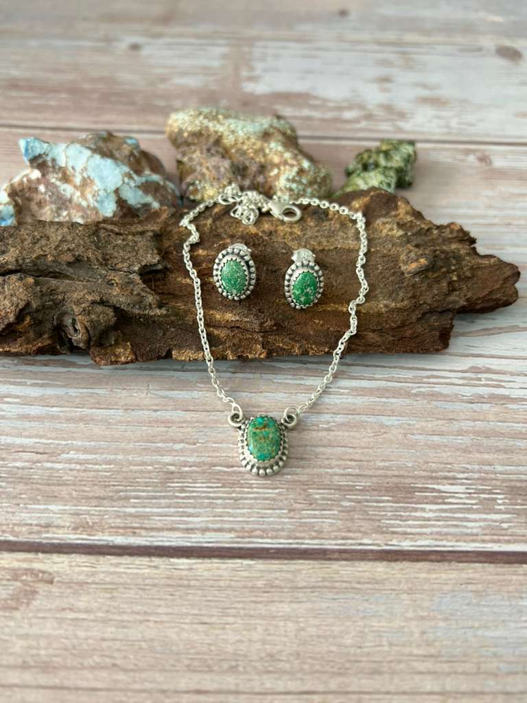 Handmade Sterling Silver Emerald Valley Turquoise Necklace Earrings Set with Signed Nizhoni (2) Nizhoni Traders LLC