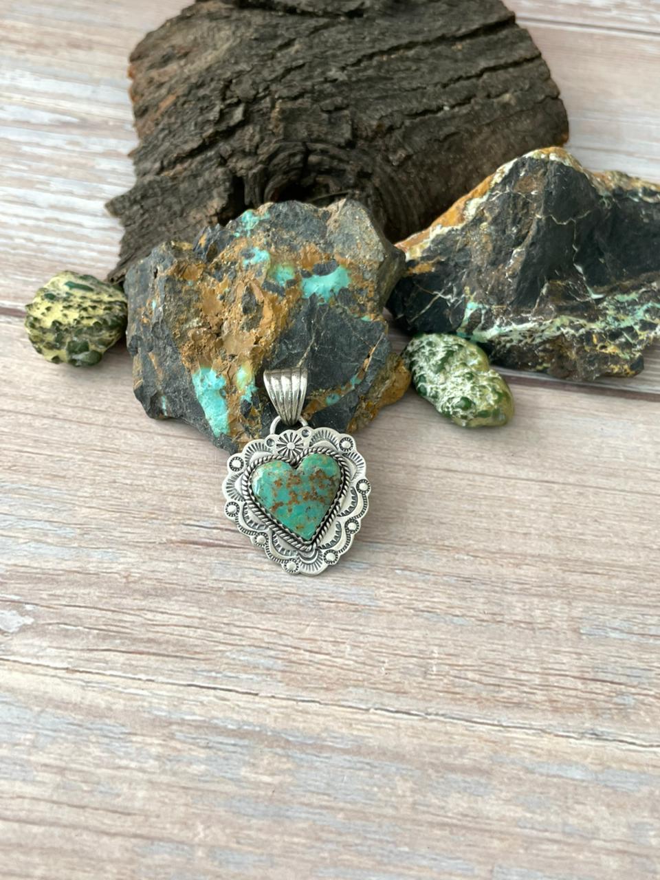 Handmade Sterling Silver Mantis Turquoise Heart Pendant " Signed Nizhoni" Nizhoni Traders LLC