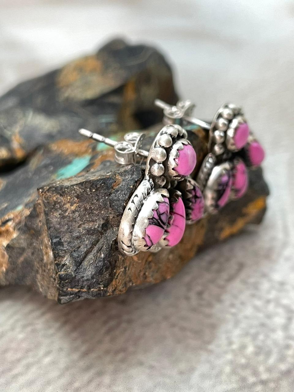 Handmade Sterling Silver Cherry Blossom Post Studs Earrings "Signed Nizhoni" Nizhoni Traders LLC