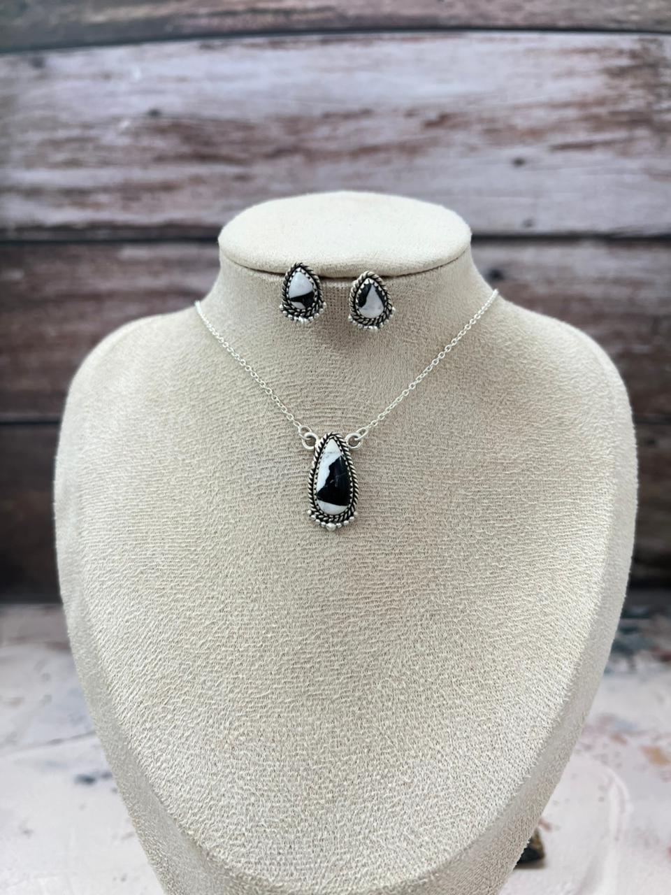 Handmade Sterling Silver White Buffalo Necklace Earrings Set "Signed Nizhoni" Nizhoni Traders LLC