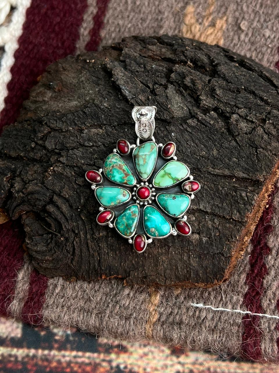 Handmade Sterling Silver Dahlia Rose with Emerald Valley Turquoise Pendant "Signed Nizhoni" Nizhoni Traders LLC