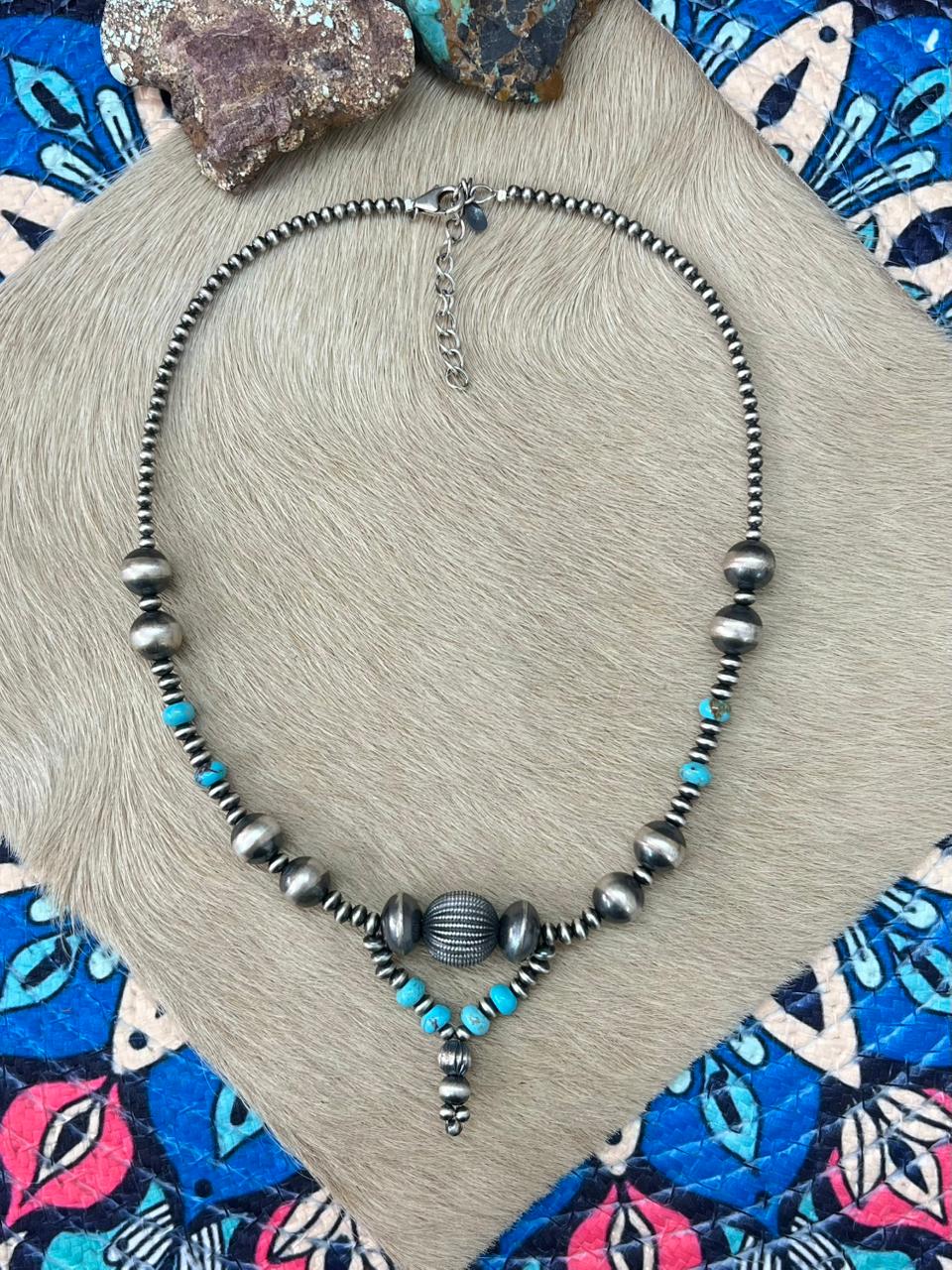 Handmade Sterling Silver Beaded Kingman Turquoise Necklace "Signed Nizhoni" Nizhoni Traders LLC