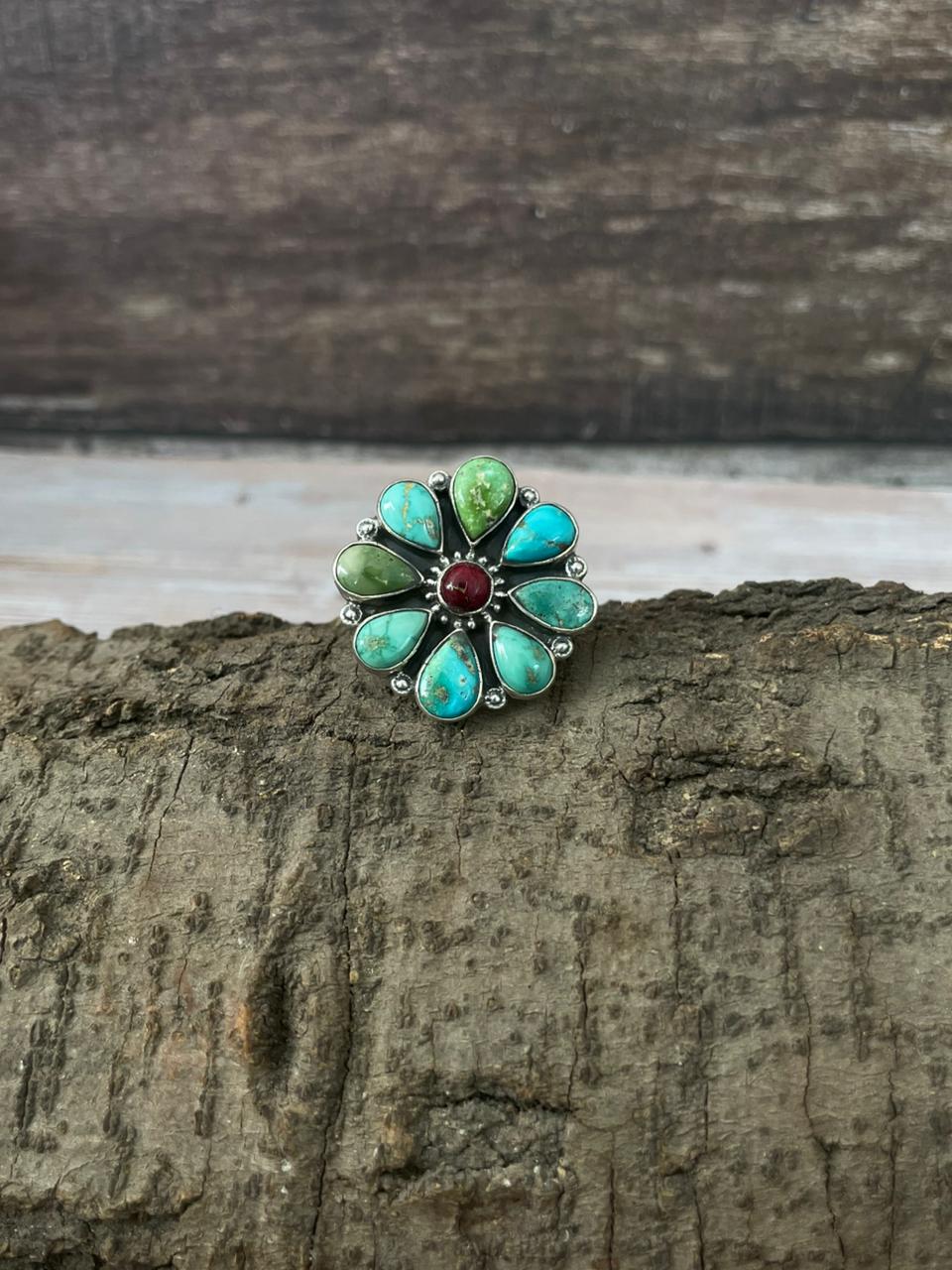 Handmade Sterling Silver Dahlia Rose With Emerald Valley Turquoise Ring "Signed Nizhoni" Nizhoni Traders LLC