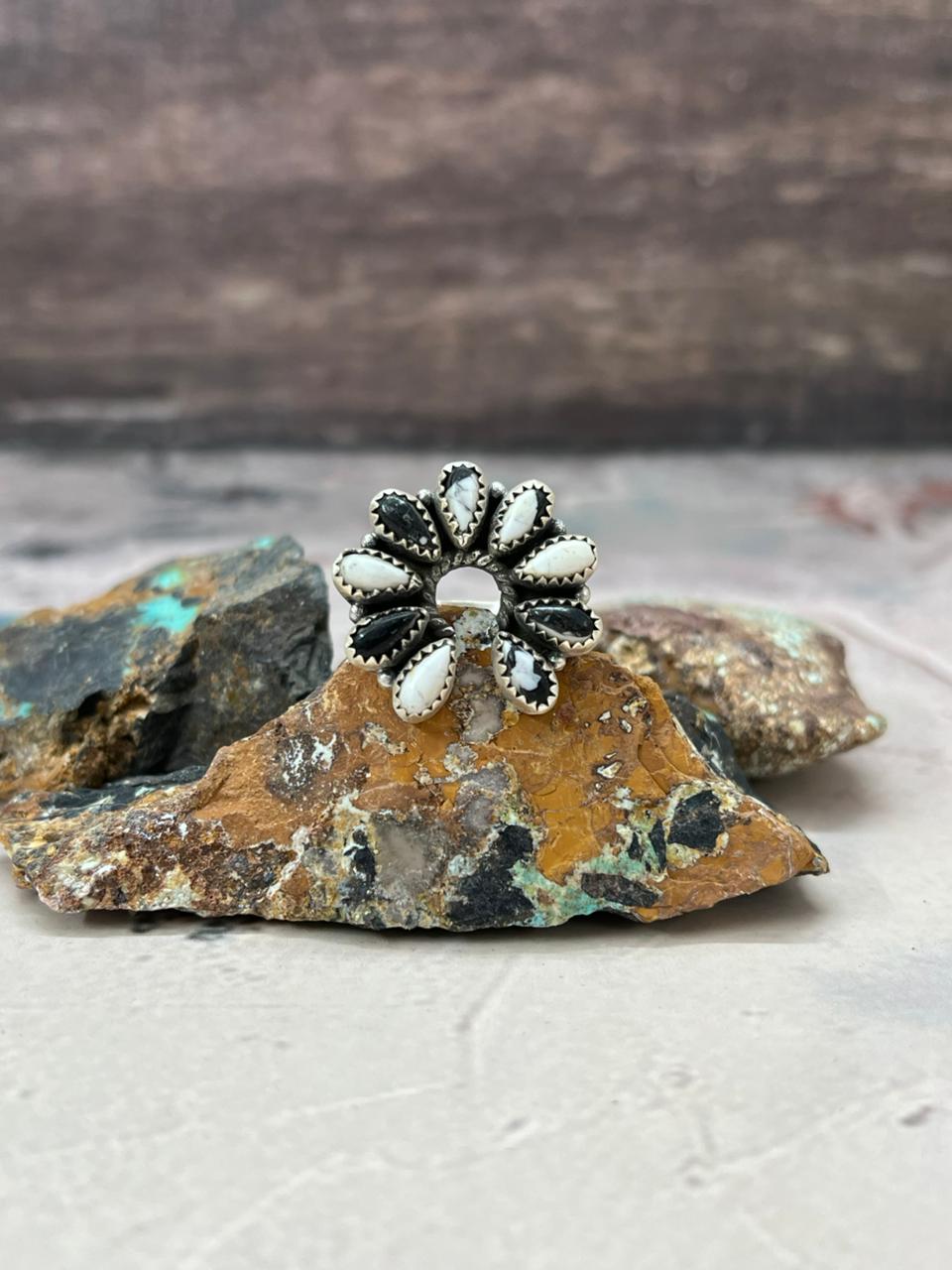 Handmade Sterling Silver White Buffalo Turquoise Naja Adjustable Ring "Signed Nizhoni" Nizhoni Traders LLC