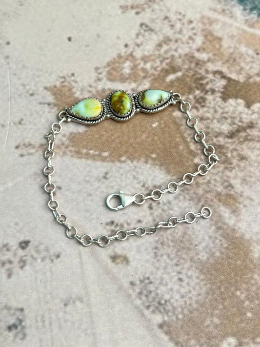 Handmade Sterling Silver Palomino Turquoise Chain Bracelet "Signed Nizhoni" Nizhoni Traders LLC