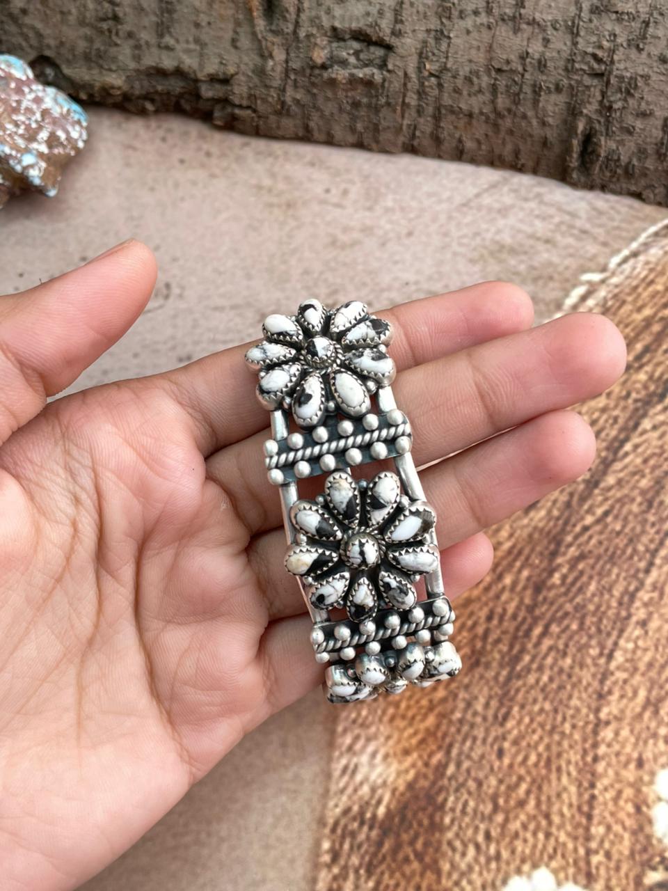 Handmade Sterling Silver White Buffalo Cuff Bracelet with Signed Nizhoni Nizhoni Traders LLC