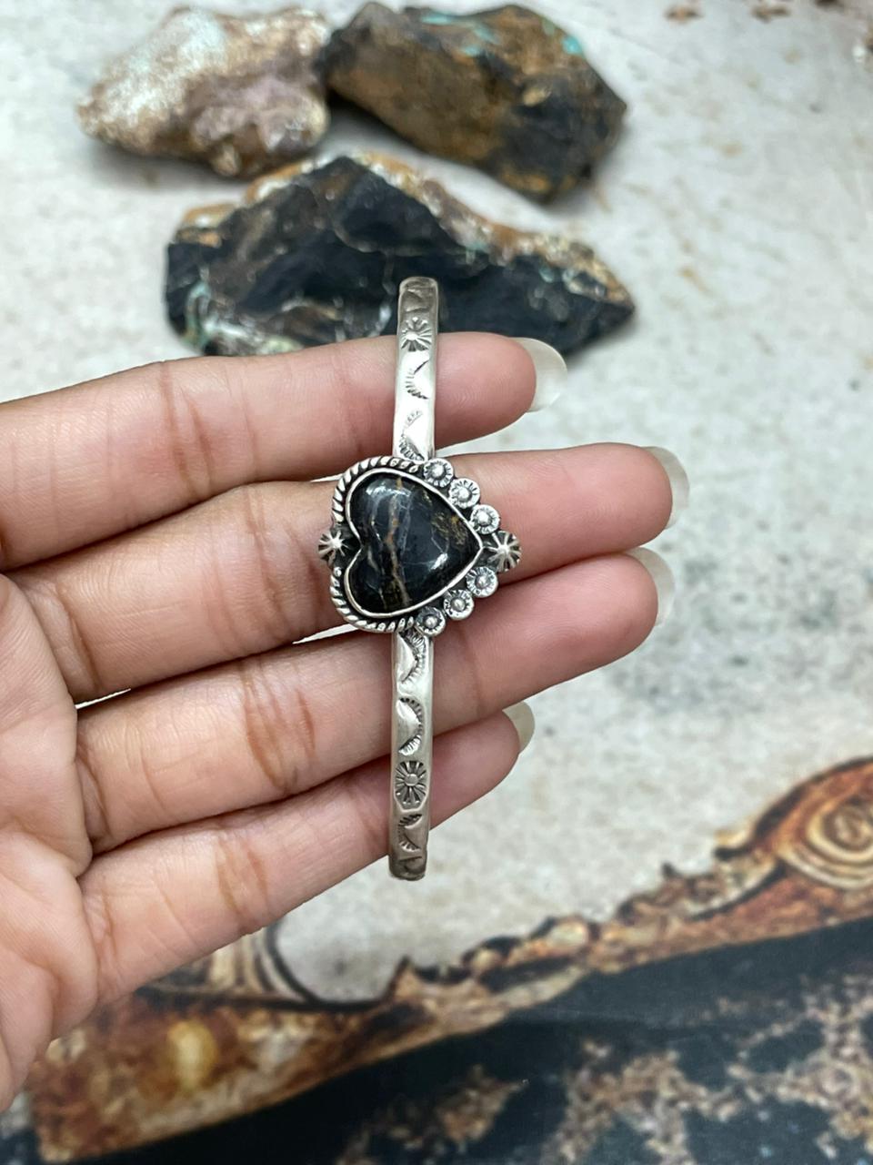 Handmade Sterling Silver Blackjack Turquoise Heart Cuff Bracelet "Signed Nizhoni" Nizhoni Traders LLC