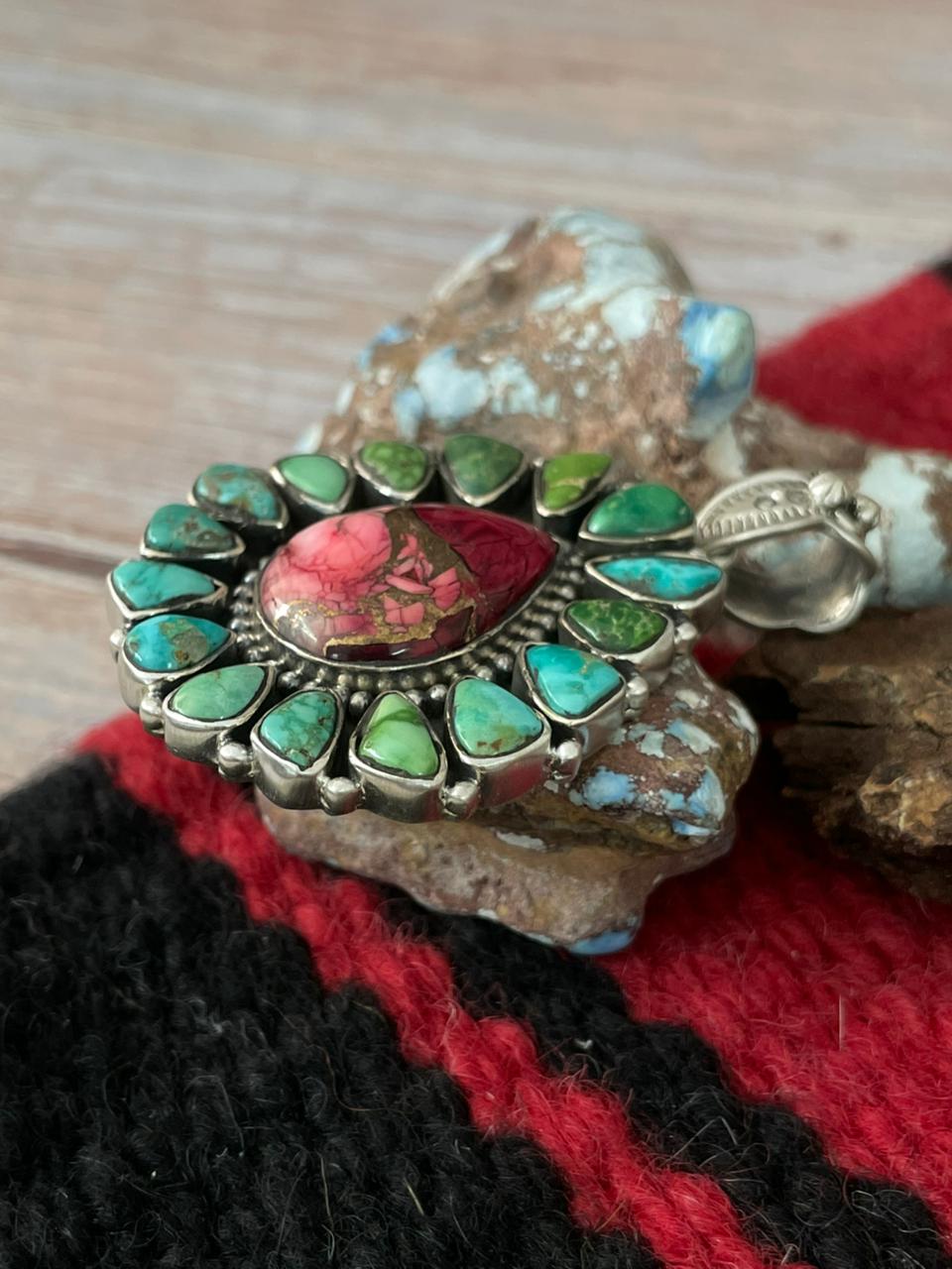 Handmade Sterling Silver Dahlia Rose with Emerald Valley Turquoise Pendant "Signed Nizhoni" Nizhoni Traders LLC