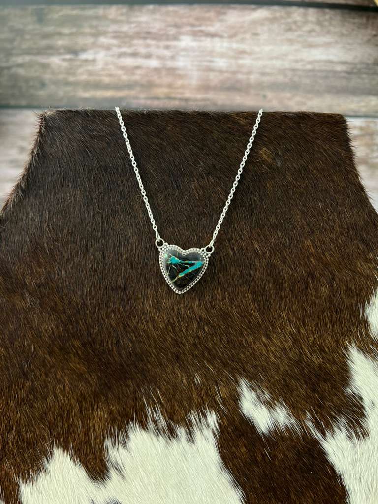 Handmade Sterling Silver Blackjack Turquoise Heart Necklace with Signed Nizhoni (4) Nizhoni Traders LLC