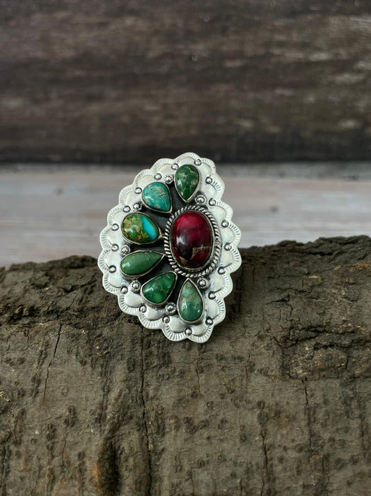 Handmade Sterling Silver Dahlia Rose With Emerald Valley Turquoise Ring "Signed Nizhoni" Nizhoni Traders LLC