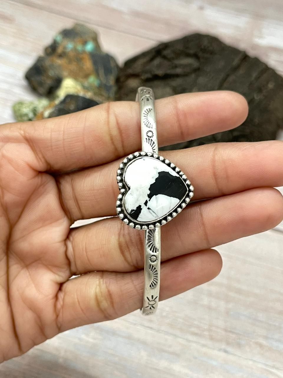 Handmade Sterling Silver White Buffalo Heart Cuff Bracelet "Signed Nizhoni" Nizhoni Traders LLC