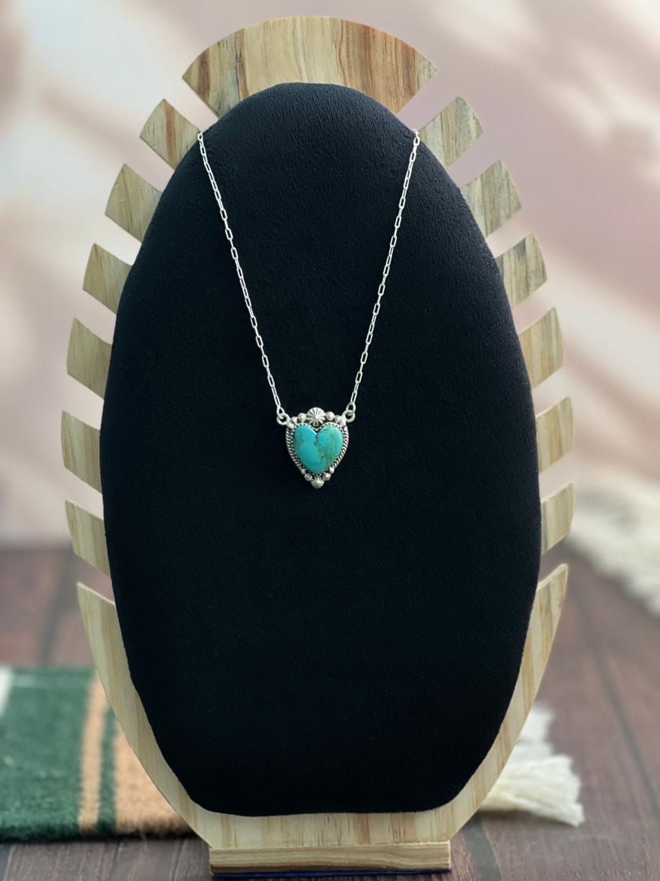 "Heart Collection" Handmade Sterling Silver Kingman Turquoise Necklace "Signed Nizhoni" Nizhoni Traders LLC