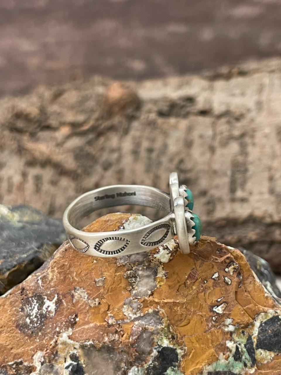 "Heart Collection" Handmade Sterling Silver Kingman Turquoise Adjustable Ring "Signed Nizhoni" Nizhoni Traders LLC