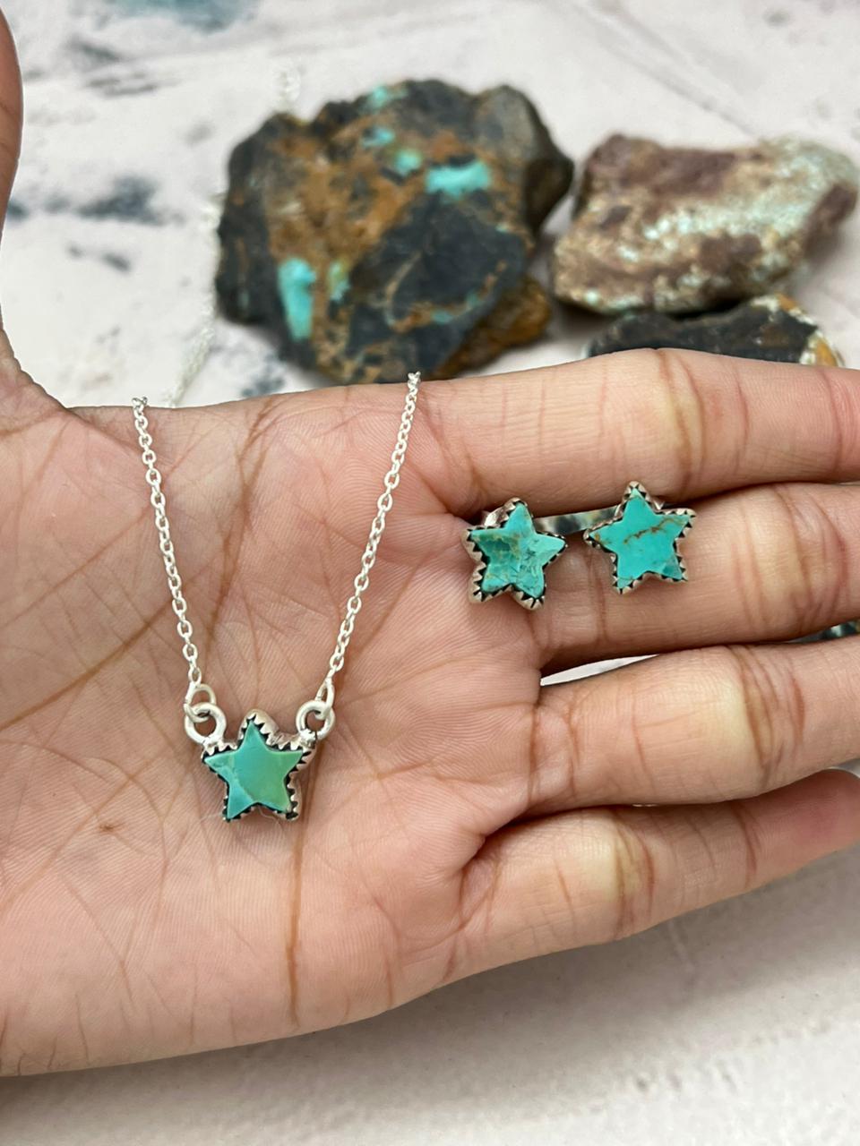 Handmade Sterling Silver Kingman Turquoise Necklace Earrings Set "Signed Nizhoni" Nizhoni Traders LLC