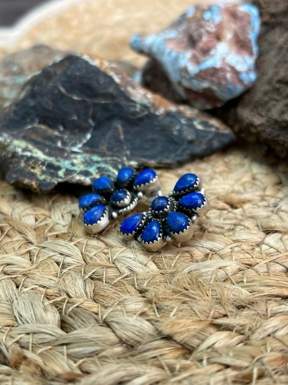 Handmade Sterling Silver Lapis Post Studs Earrings "Signed Nizhoni" Nizhoni Traders LLC