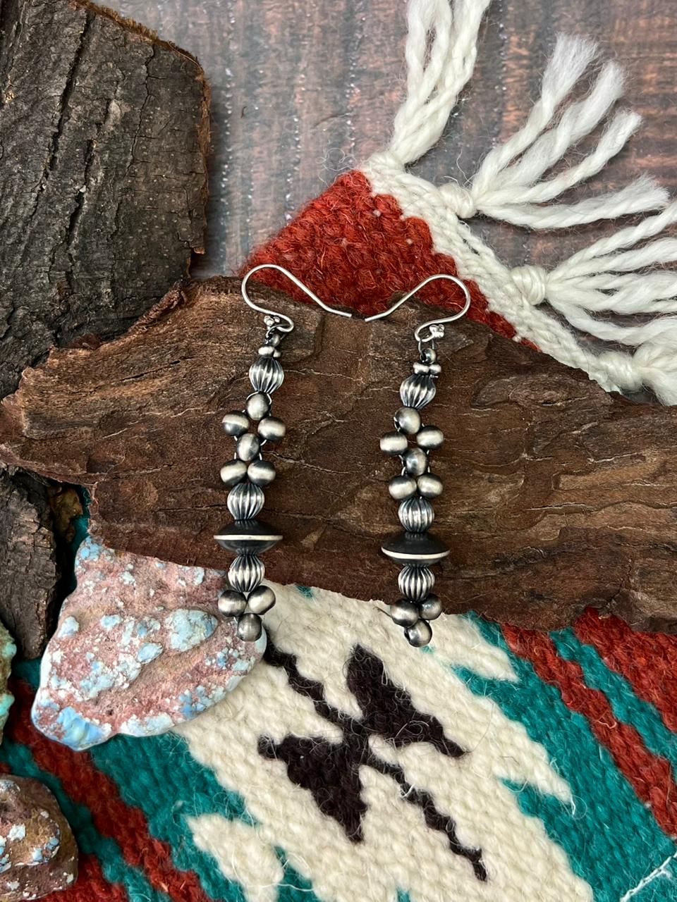 Handmade Sterling Silver Beaded Dangle Hook Earrings (9) Nizhoni Traders LLC