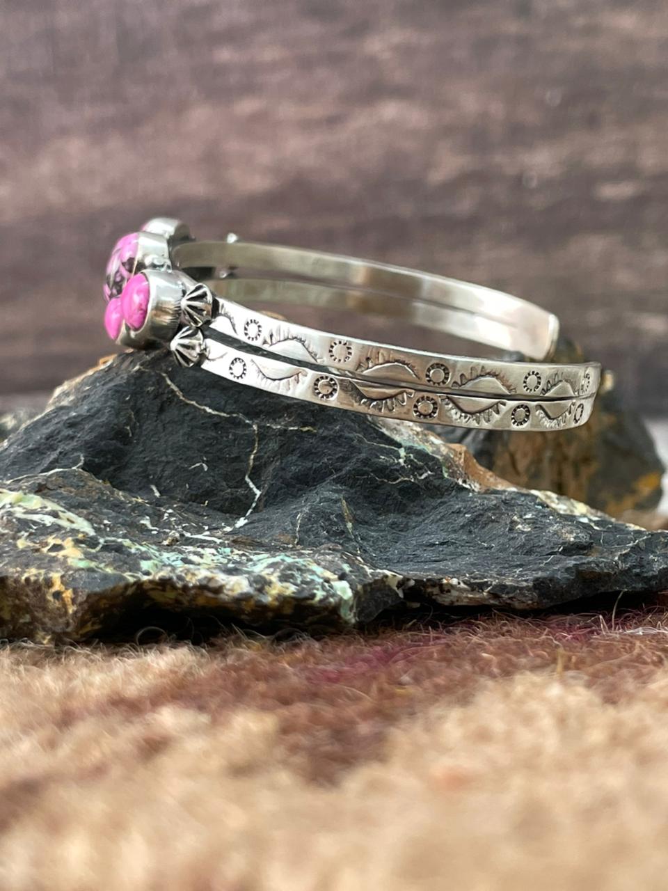 Handmade Sterling Silver Cherry Blossom Cuff Bracelet "Signed Nizhoni" Nizhoni Traders LLC