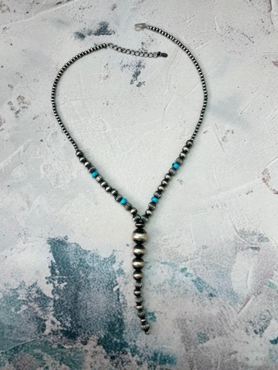 Handmade Sterling Silver Beaded Kingman Turquoise Necklace "Signed Nizhoni" Nizhoni Traders LLC