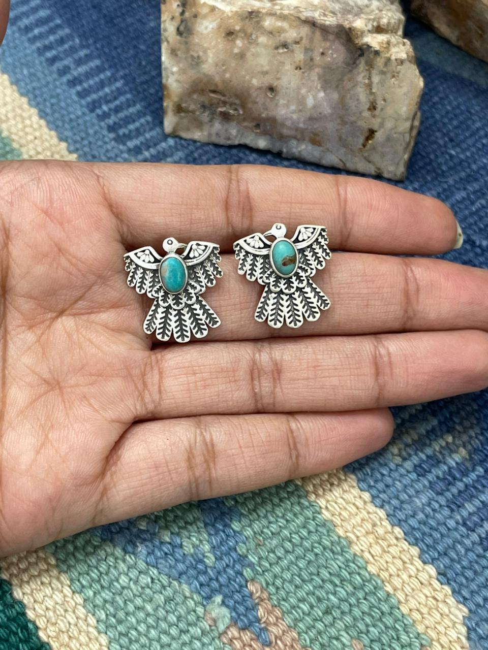 Handmade Sterling Silver Kingman Turquoise Thunder Bird Post Earrings "Signed Nizhoni" Nizhoni Traders LLC