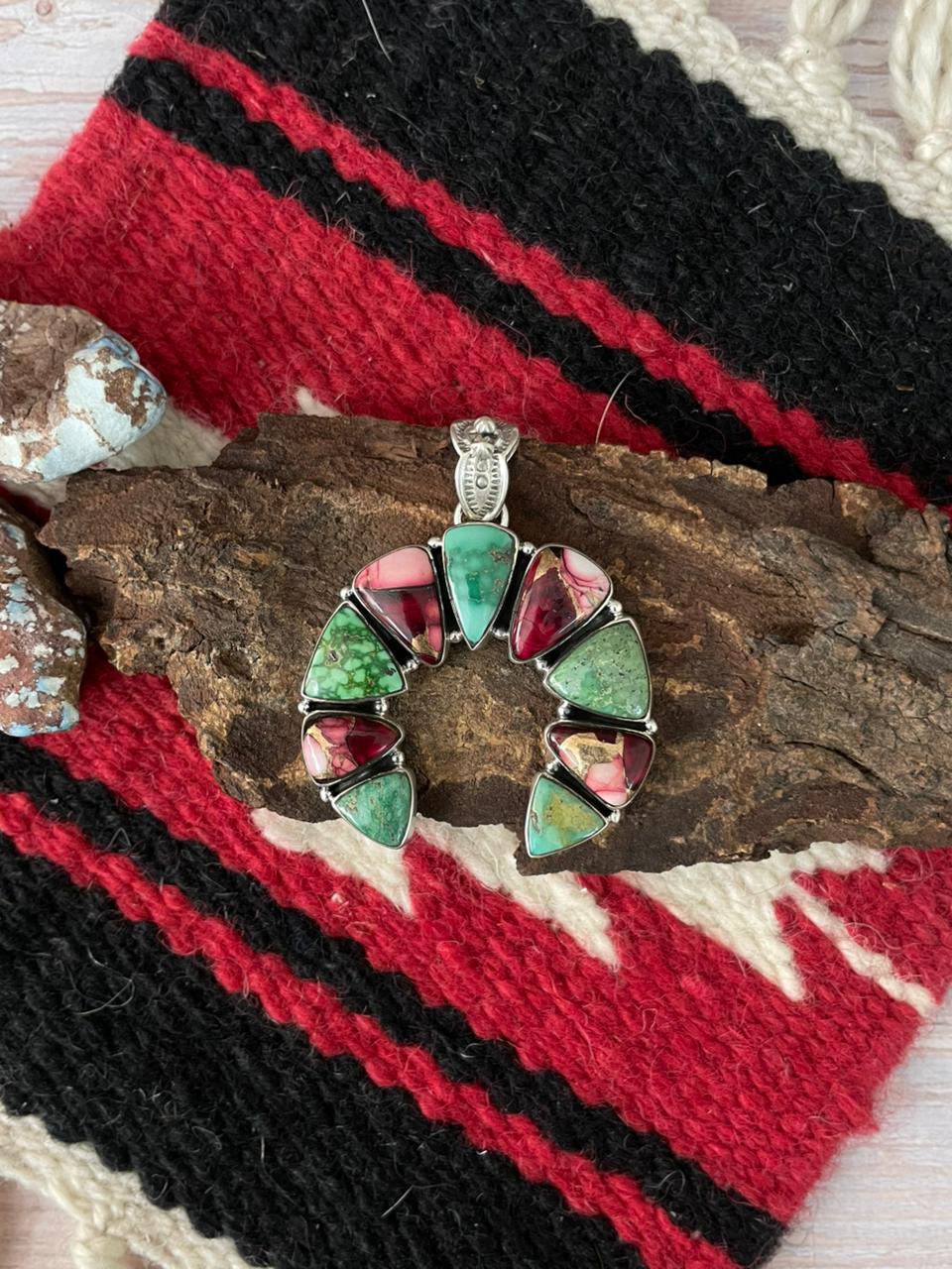 Handmade Sterling Silver Dahlia Rose with Emerald Valley Turquoise Pendant "Signed Nizhoni" Nizhoni Traders LLC