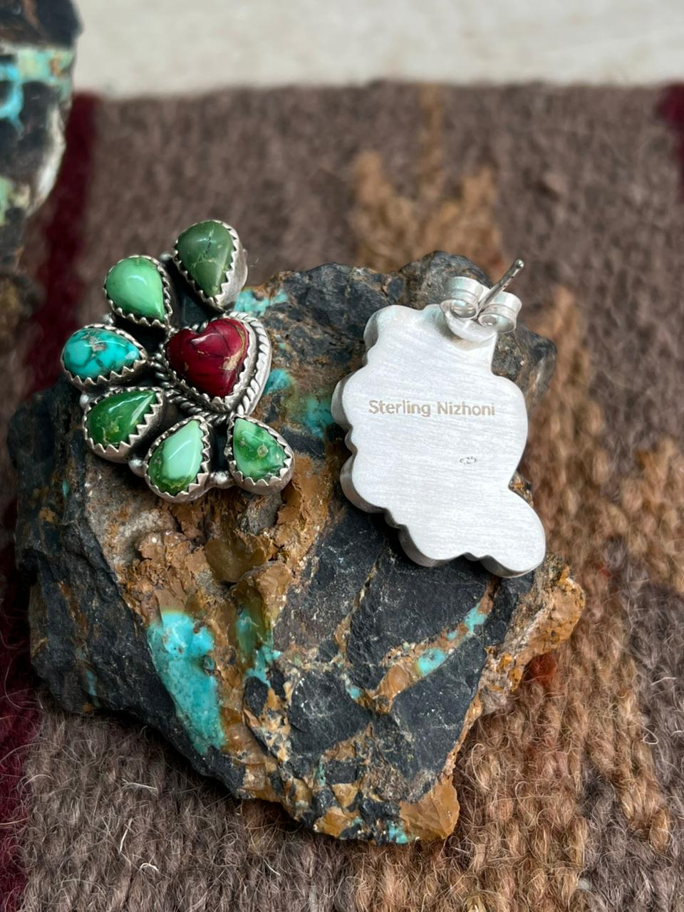 Handmade Sterling Silver Dahlia Rose with Emerald Valley Turquoise Post Earrings "Signed Nizhoni" Nizhoni Traders LLC