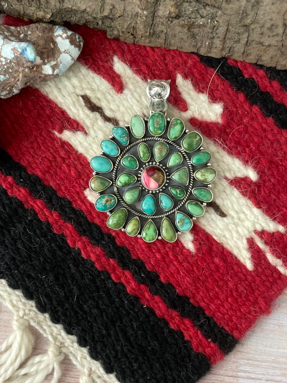 Handmade Sterling Silver Dahlia Rose with Emerald Valley Turquoise Pendant "Signed Nizhoni" Nizhoni Traders LLC