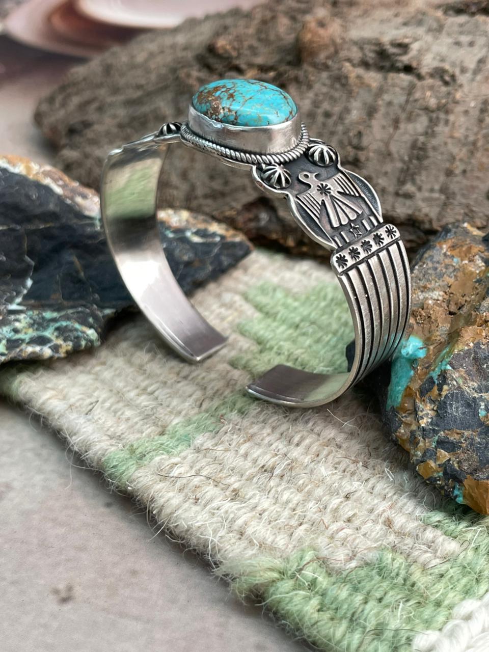 Handmade Sterling Silver Kingman Turquoise Thunderbird Cuff Bracelet "Signed Nizhoni" Nizhoni Traders LLC