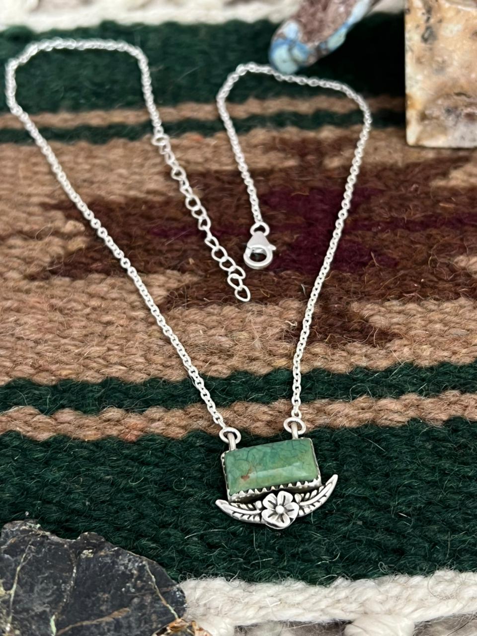 Handmade Sterling Silver Old Stock Royston Turquoise Bar Necklace "Signed Nizhoni" Nizhoni Traders LLC